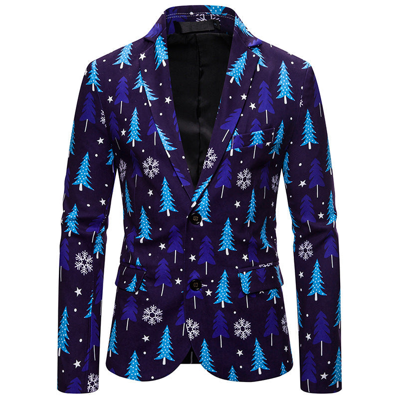 Christmas blue Dinner Jackets for Men Holiday Santa Printed Blazers Outfit Suits