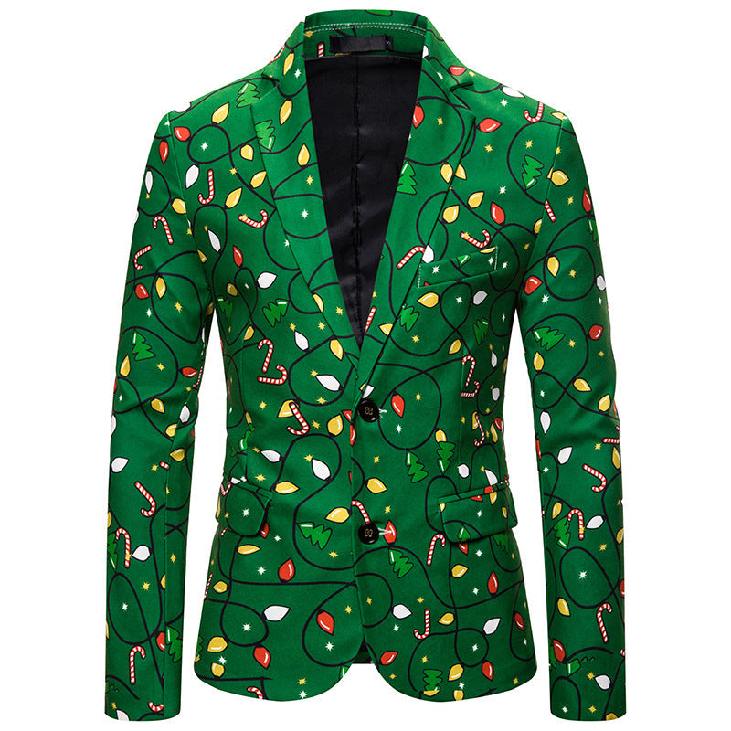 Christmas green Dinner Jackets for Men Holiday Santa Printed Blazers Outfit Suits