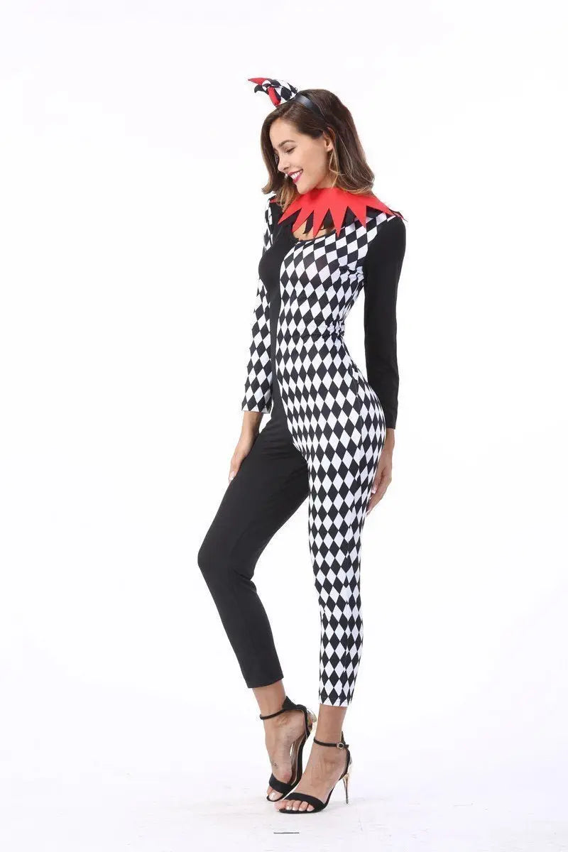 Adult Women Circus Clown Harlequin Jester Halloween Costume Jumpsuit - Pajamasbuy