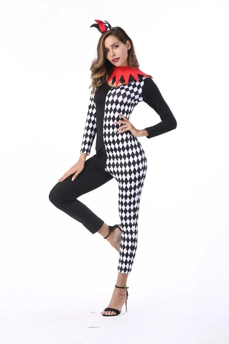 Adult Women Circus Clown Harlequin Jester Halloween Costume Jumpsuit - Pajamasbuy