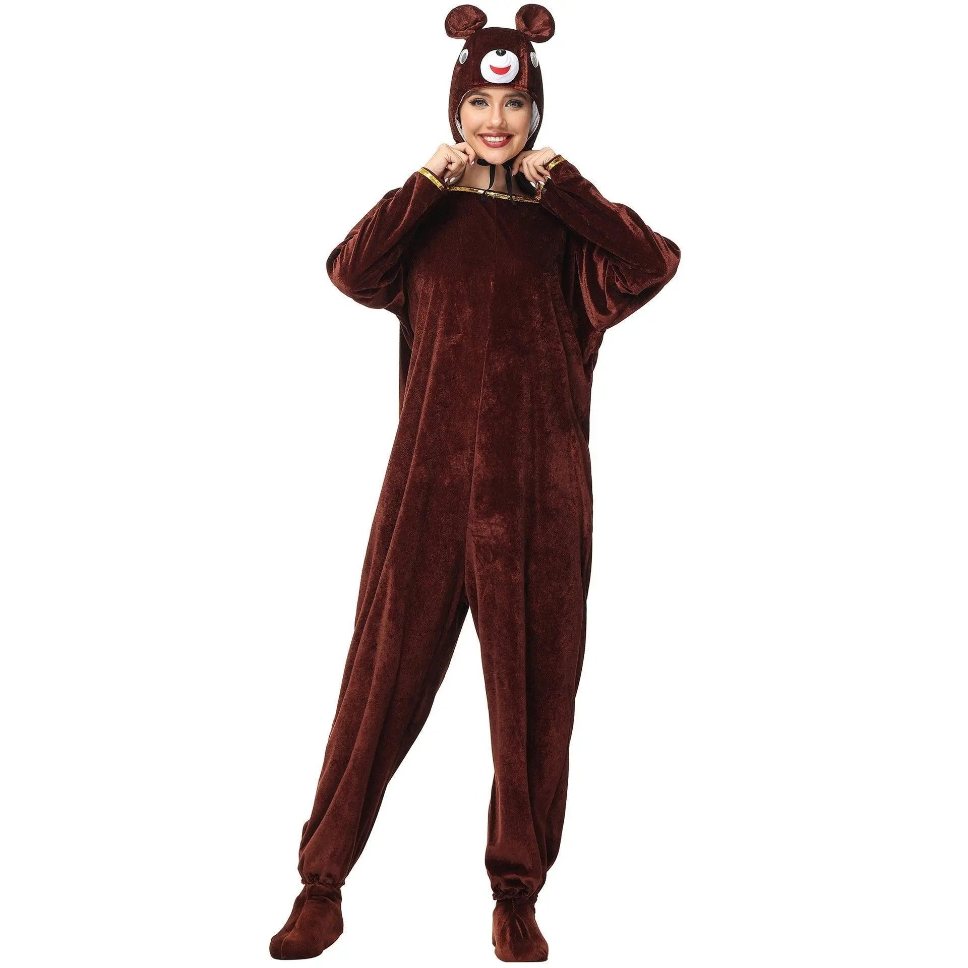 Animal kigurumi onesies Brown Bear Costume Cozy Gold Velvet Pajamas - Pajamasbuy