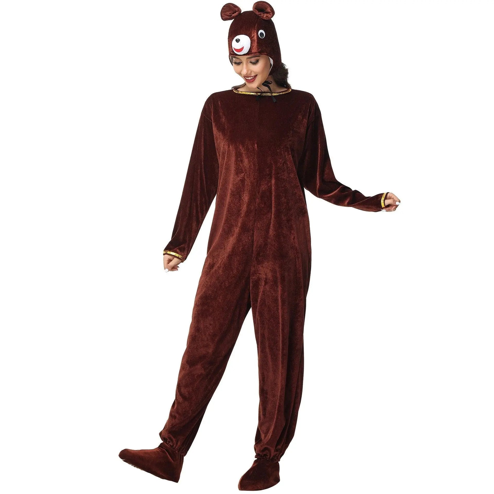 Animal kigurumi onesies Brown Bear Costume Cozy Gold Velvet Pajamas - Pajamasbuy