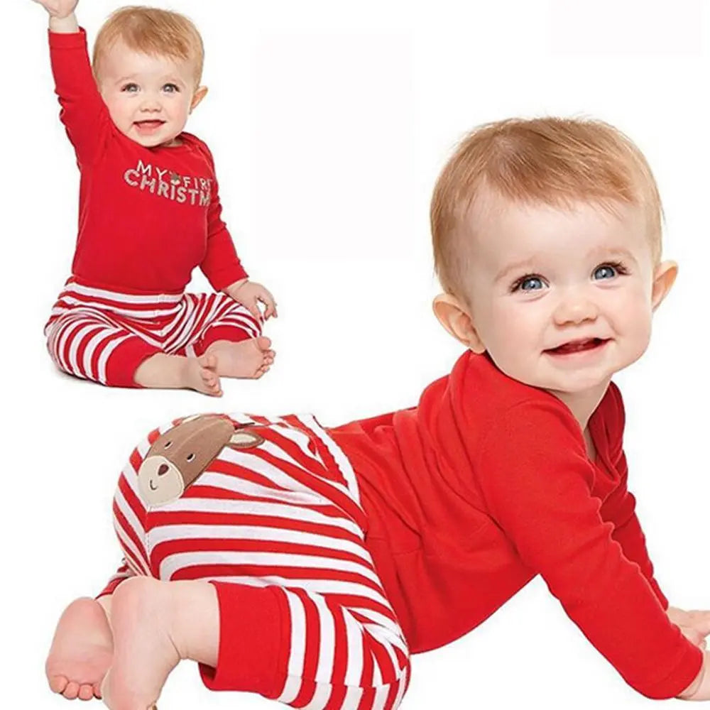 Baby Christmas Santa Elk Print 2 Piece Red Bodysuit Striped Pant Set - Pajamasbuy