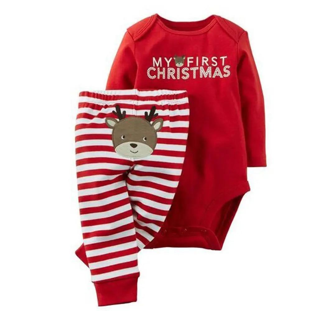 Baby Christmas Santa Elk Print 2 Piece Red Bodysuit Striped Pant Set - Pajamasbuy