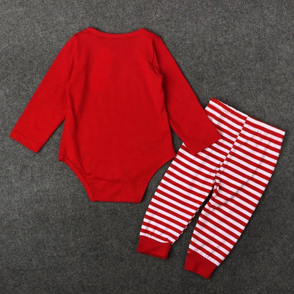 Baby Christmas Santa Elk Print 2 Piece Red Bodysuit Striped Pant Set - Pajamasbuy