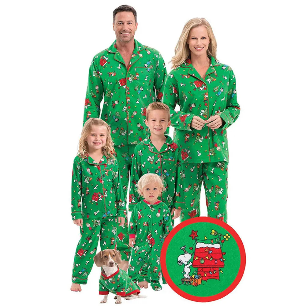 Christmas Family Matching Green Pajamas Snoopy Prints with V-Neck and Pockets for Adults Kids| Pajamasbuy