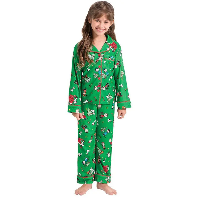 Christmas Family Matching Green Pajamas Snoopy Prints with V-Neck and Pockets for Adults Kids| Pajamasbuy