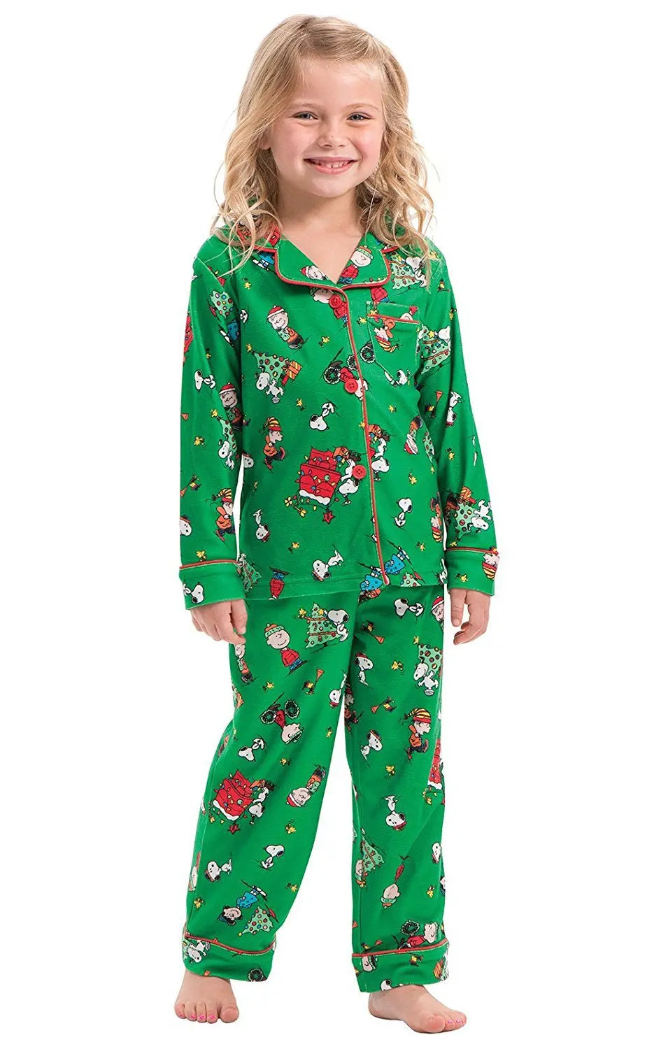 Christmas Family Matching Green Pajamas Snoopy Prints with V-Neck and Pockets for Adults Kids| Pajamasbuy