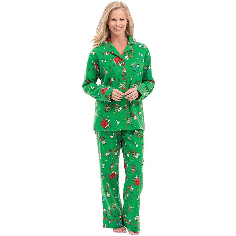 Christmas Family Matching Green Pajamas Snoopy Prints with V-Neck and Pockets for Adults Kids| Pajamasbuy