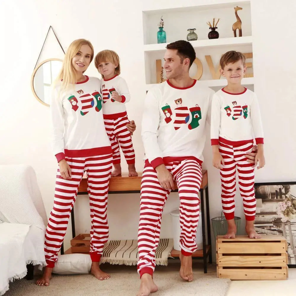 Christmas Family Matching Sleepwear Pajamas Sets White Stocking Bear Top and Red Stripes Pants - Pajamasbuy