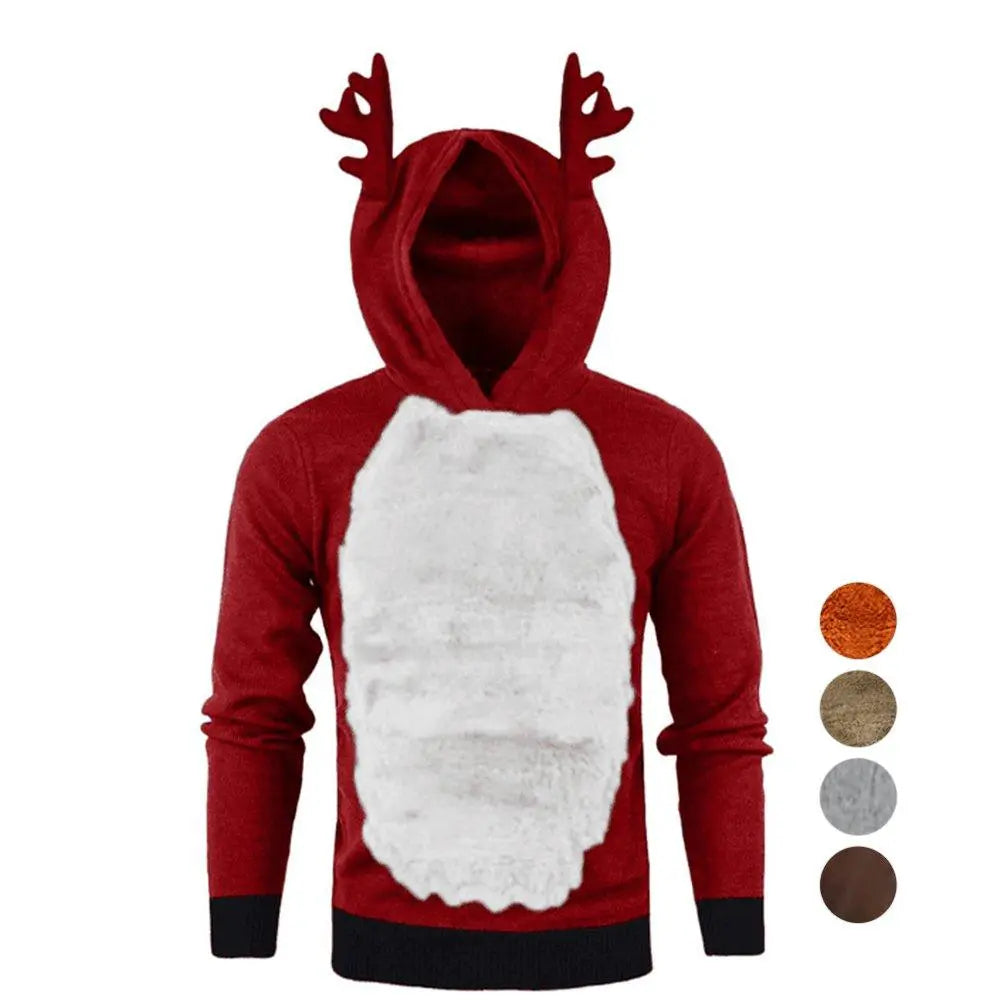 Christmas Hoodie for Men Sweatshirt Furry Reindeer Jacket Plus Velvet Coat - Pajamasbuy