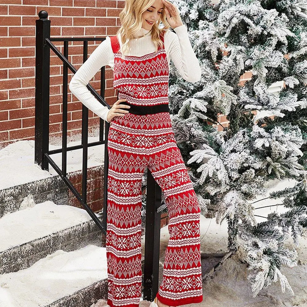 Christmas Kint Overalls Printed Pants Stripes Xmas Jumpsuit with Pocket - Pajamasbuy