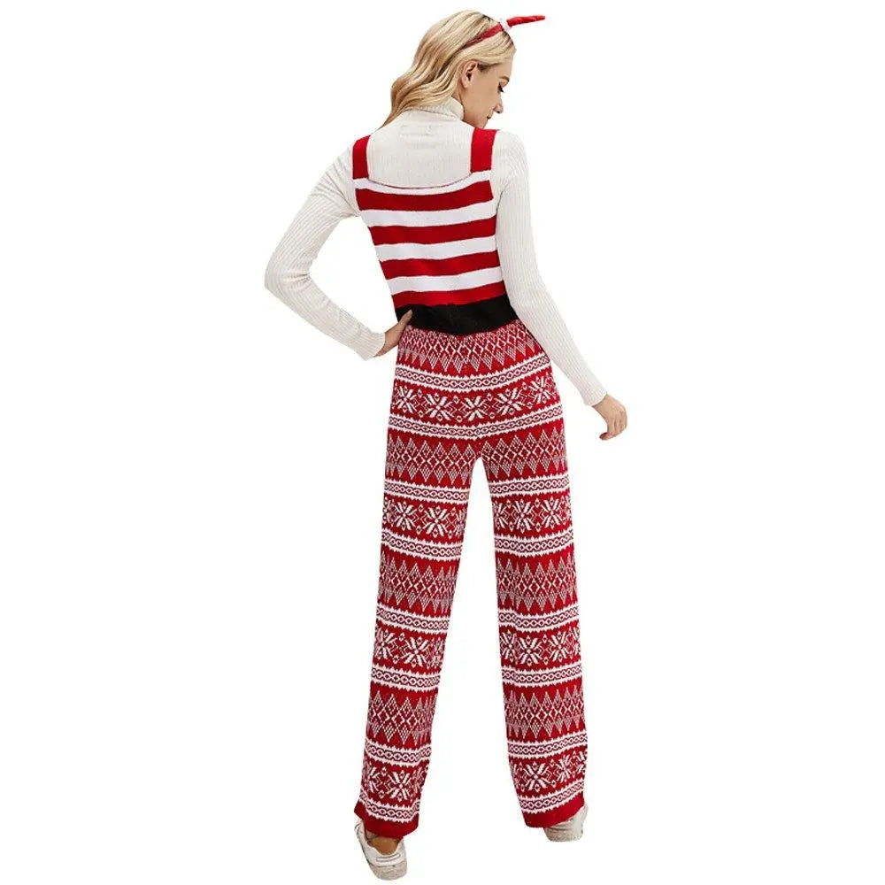 Christmas Kint Overalls Printed Pants Stripes Xmas Jumpsuit with Pocket - Pajamasbuy