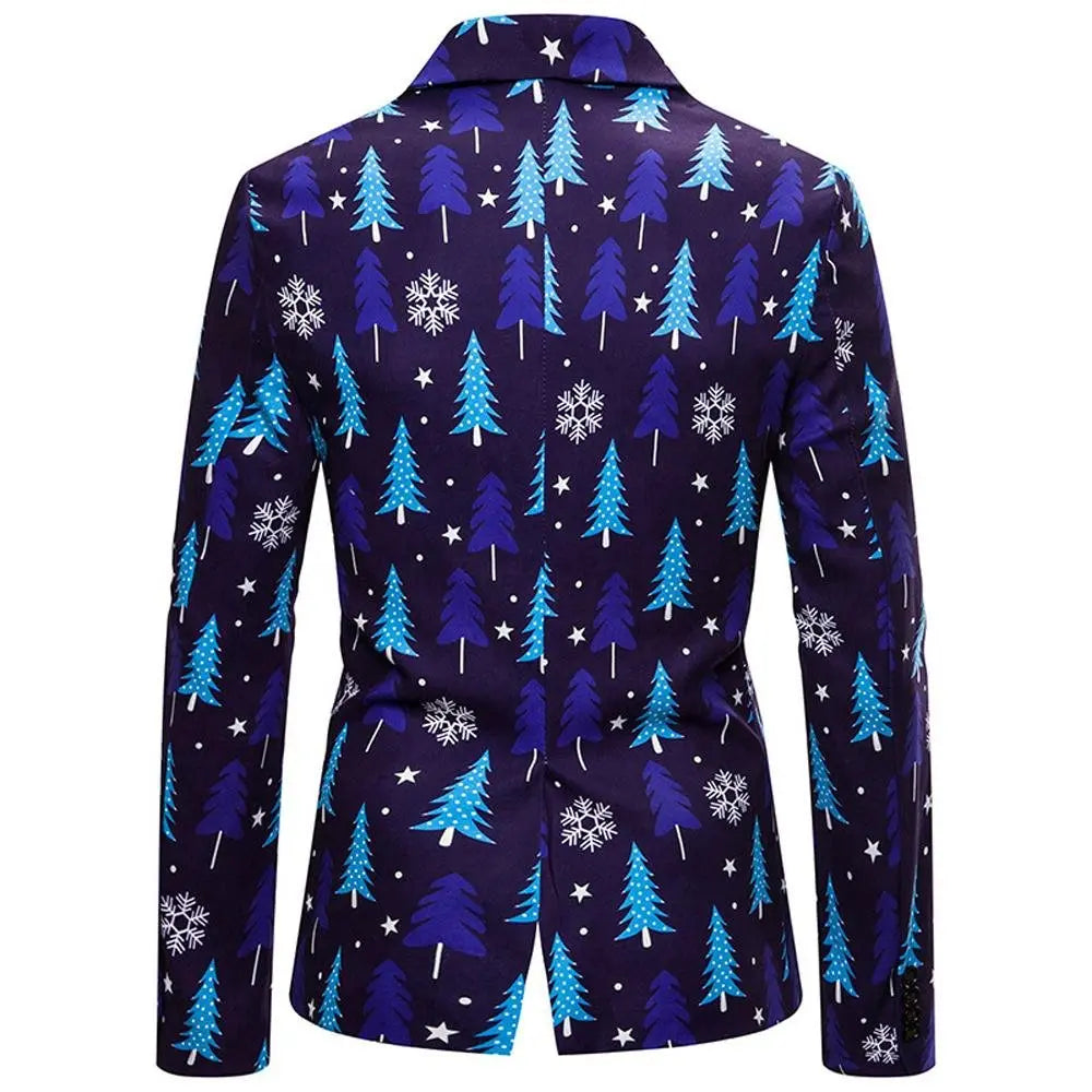 Christmas blue Dinner Jackets for Men Holiday Santa Printed Blazers Outfit Suits - Pajamasbuy