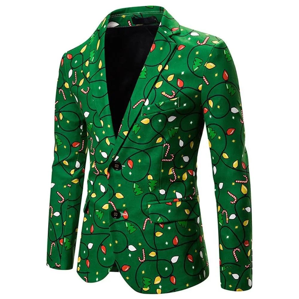 Christmas green Dinner Jackets for Men Holiday Santa Printed Blazers Outfit Suits - Pajamasbuy