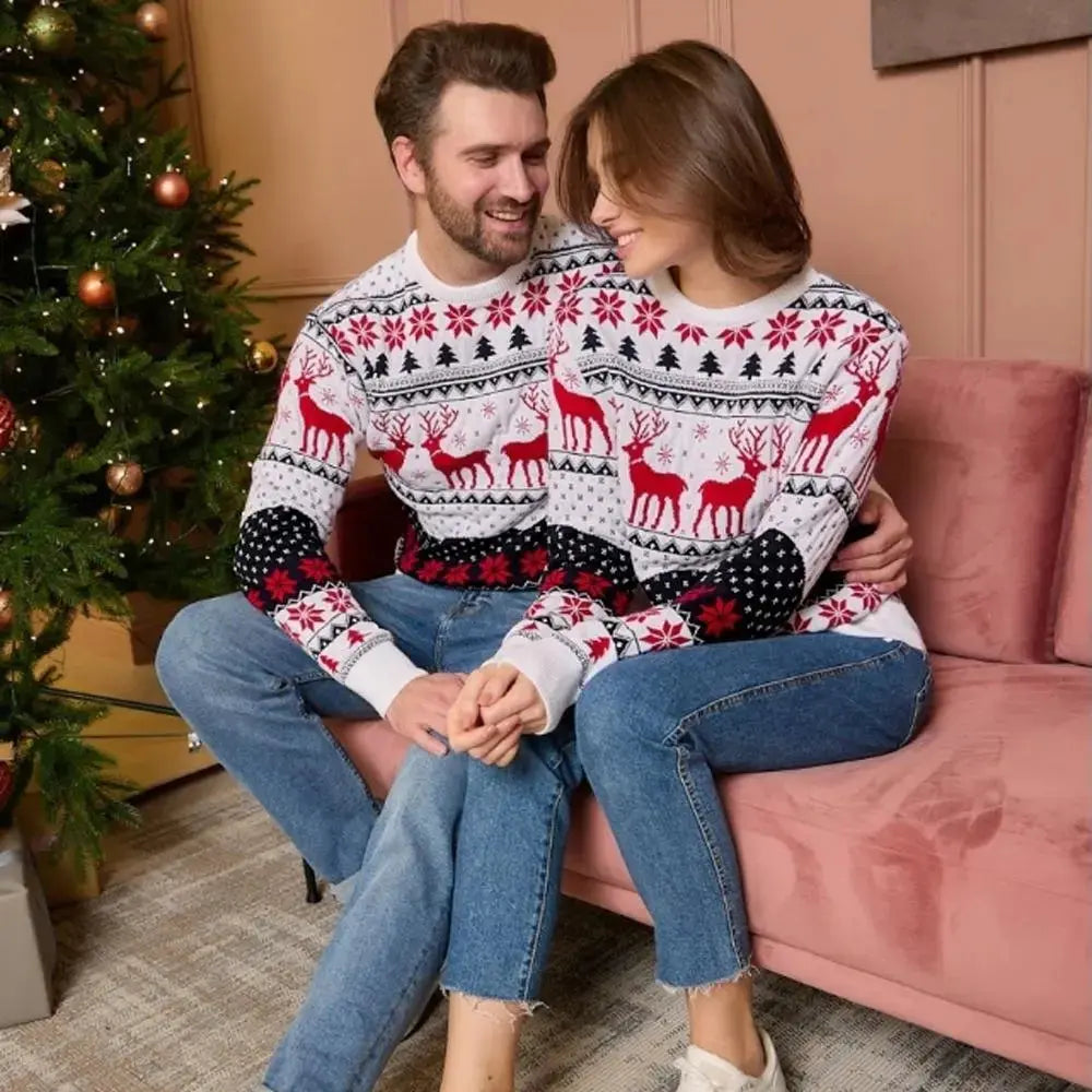 Couples Christmas Matching Sweaters Christmas Ugly Sweaters with Reindeer and Snowflake Pattern|?PajmasBuy