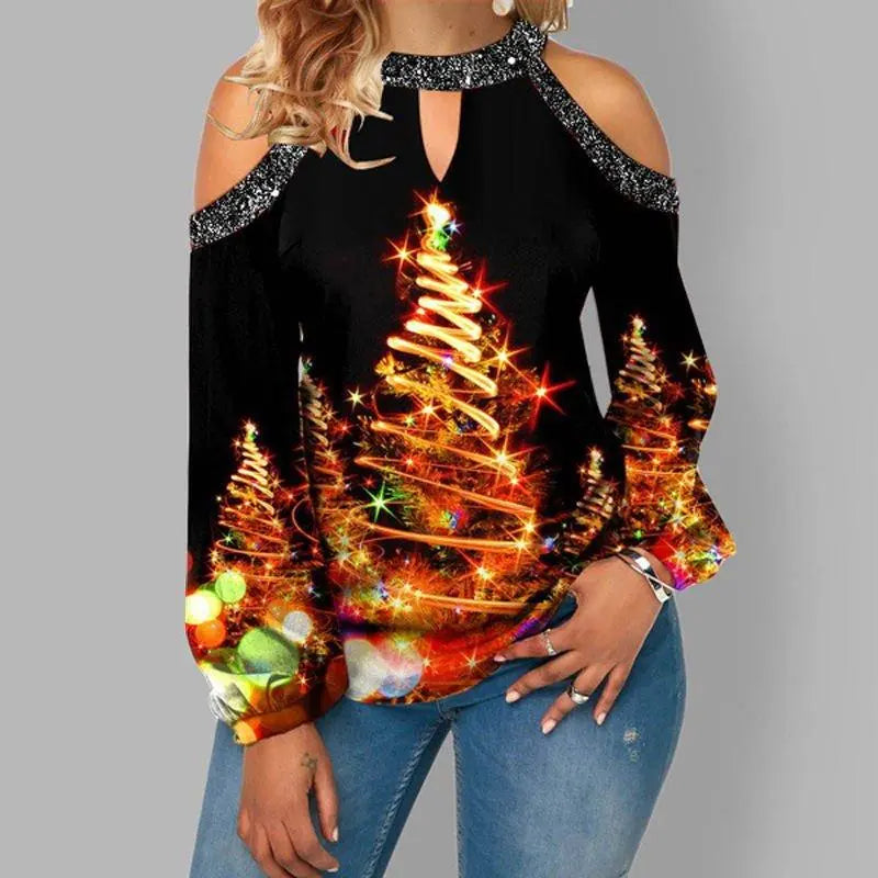 Deer Print Sexy Off - shoulder Plus Size Blouse with Lantern Sleeves T Christmas Women's Clothing - Pajamasbuy