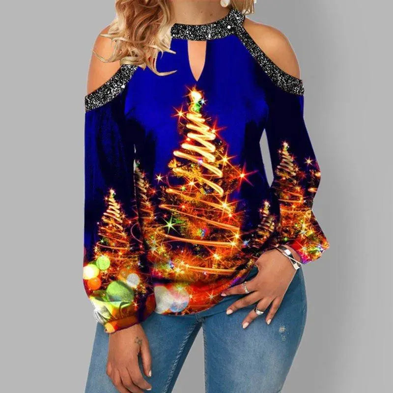 Deer Print Sexy Off - shoulder Plus Size Blouse with Lantern Sleeves T Christmas Women's Clothing - Pajamasbuy