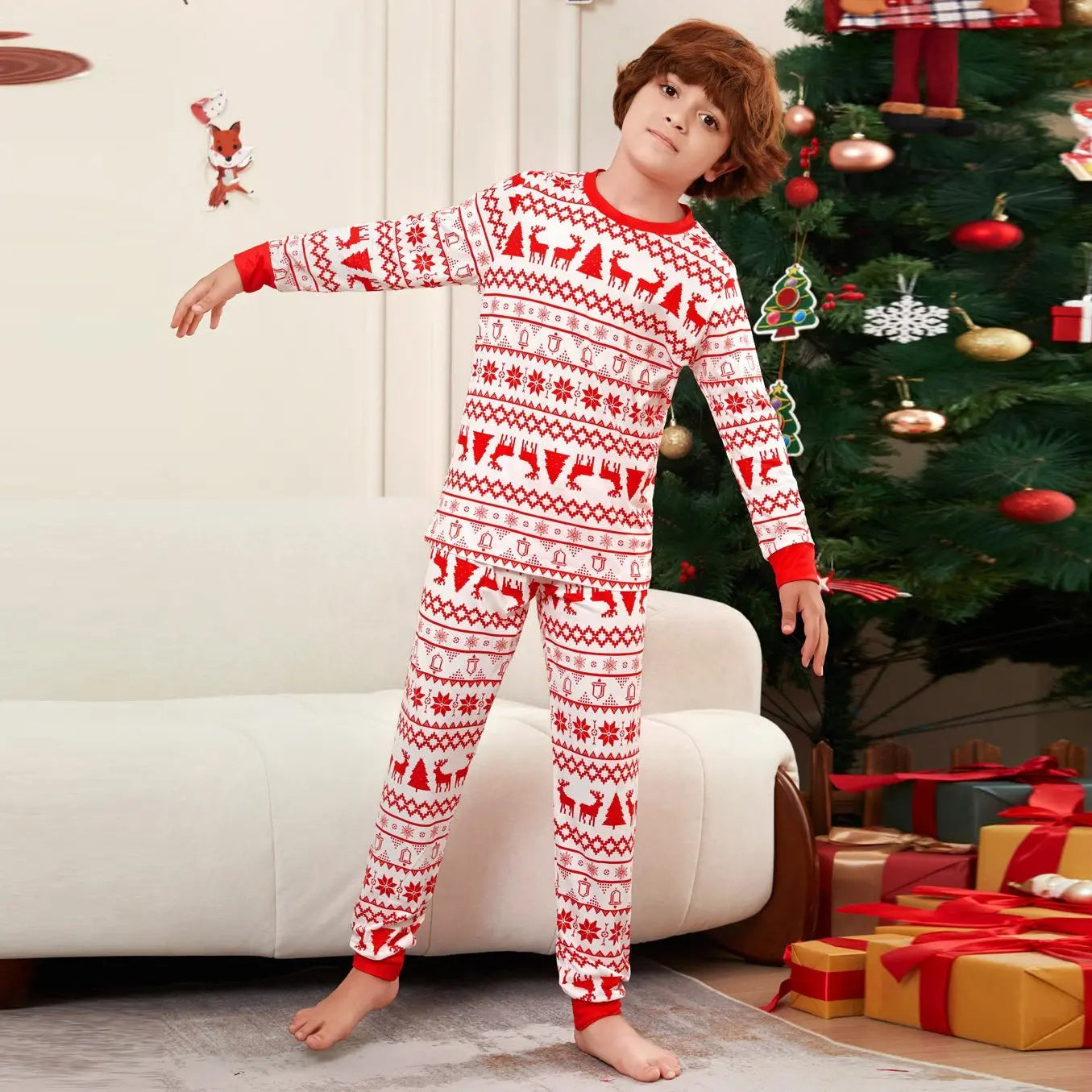 Elk Cartoon Print Crew Neck Christmas Family Matching Pajamas Party Sets - Pajamasbuy