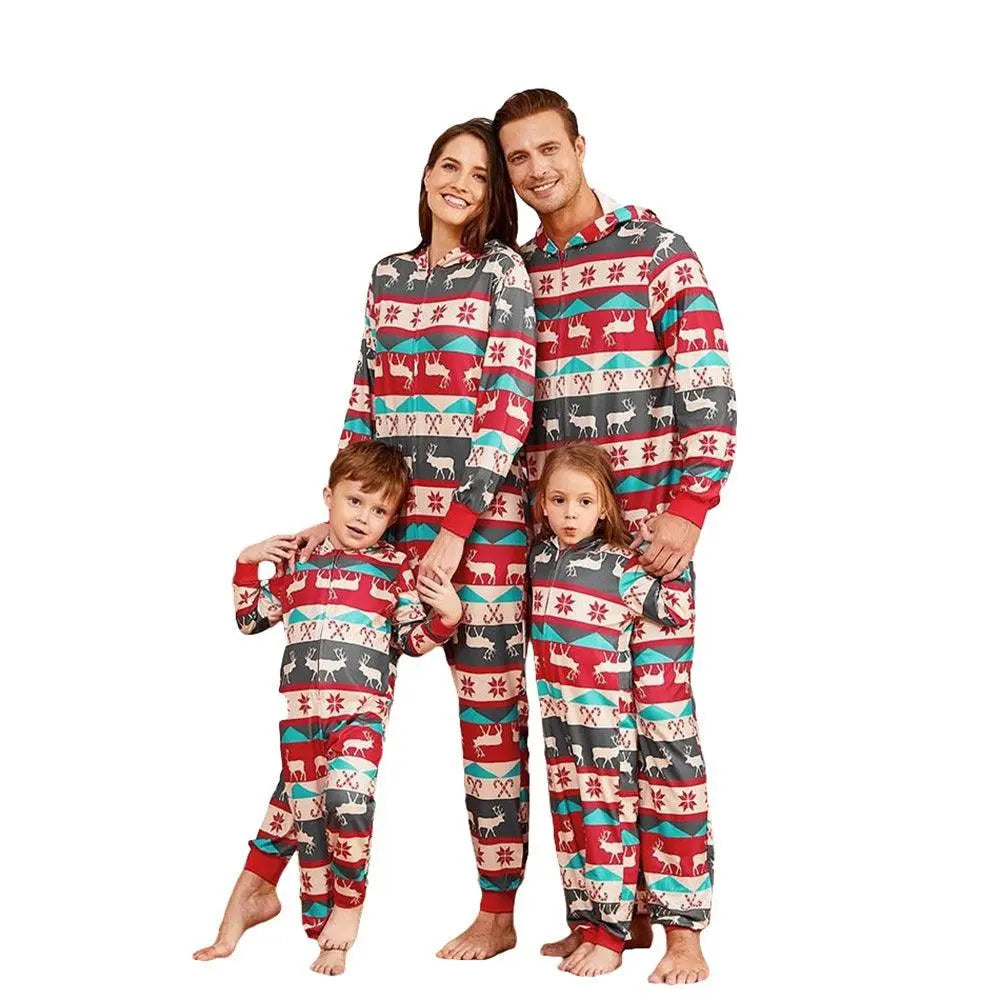 Family Christmas Pajamas Matching Sets Printed Long Sleeve One - Piece Hooded Sleepwear Jumpsuit Loungewear - Pajamasbuy