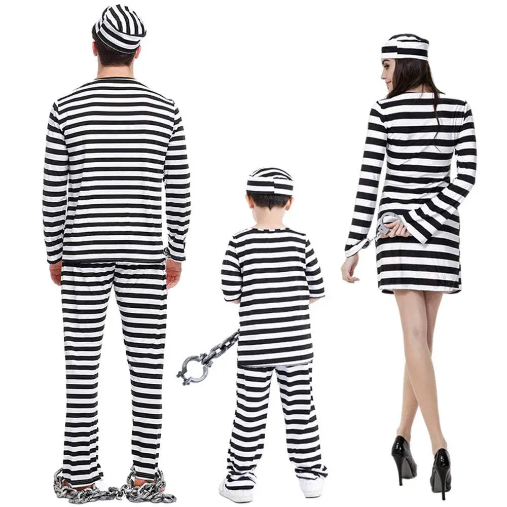 Halloween Adult Kid Striped Prison Costume Hat Top Pants Dress Set - Pajamasbuy