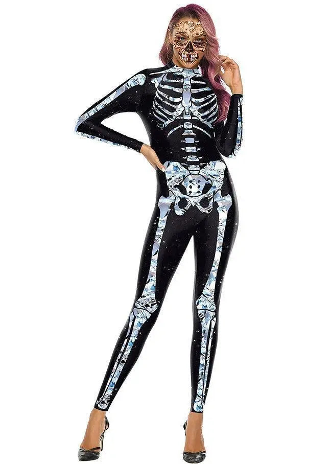 Halloween White Skeleton Elastic Bodycon Jumpsuit Cosplay Costume - Pajamasbuy