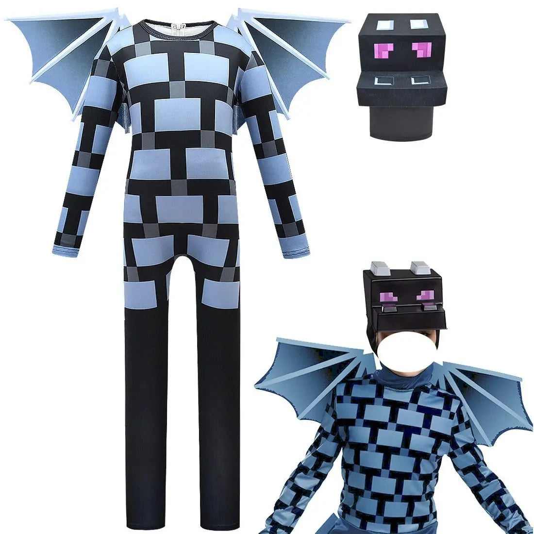 Kids Minecraft Ender Dragon Cosplay Costume Halloween jumpsuits onesies with Wings - Pajamasbuy