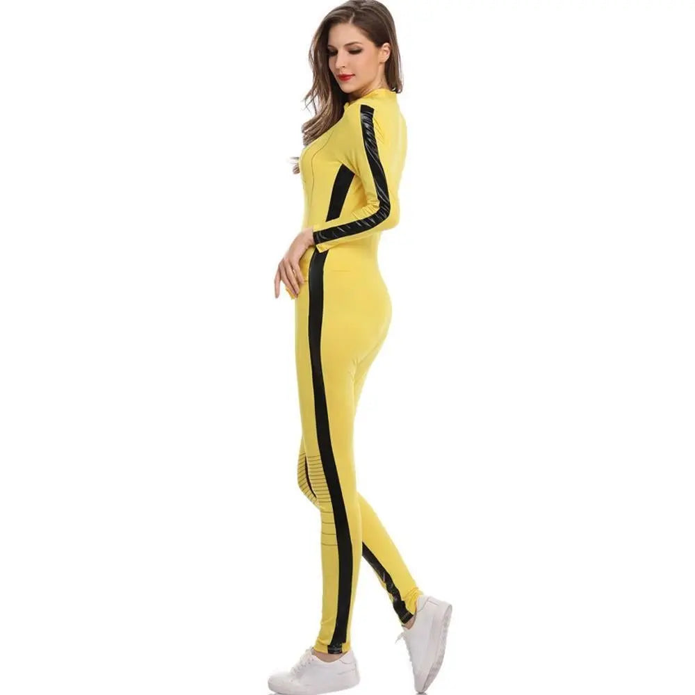 Kill Bill Cosplay Costume Yellow Bodycon Jumpsuit Motorcycle Night Club Racer Zentai Suits for Women - Pajamasbuy