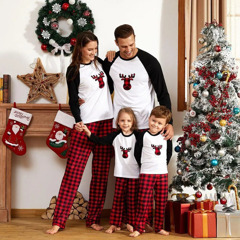 Matching Family Pajamas Sets Christmas with Deer Printed Tee and Plaid Pants Loungewear - Pajamasbuy