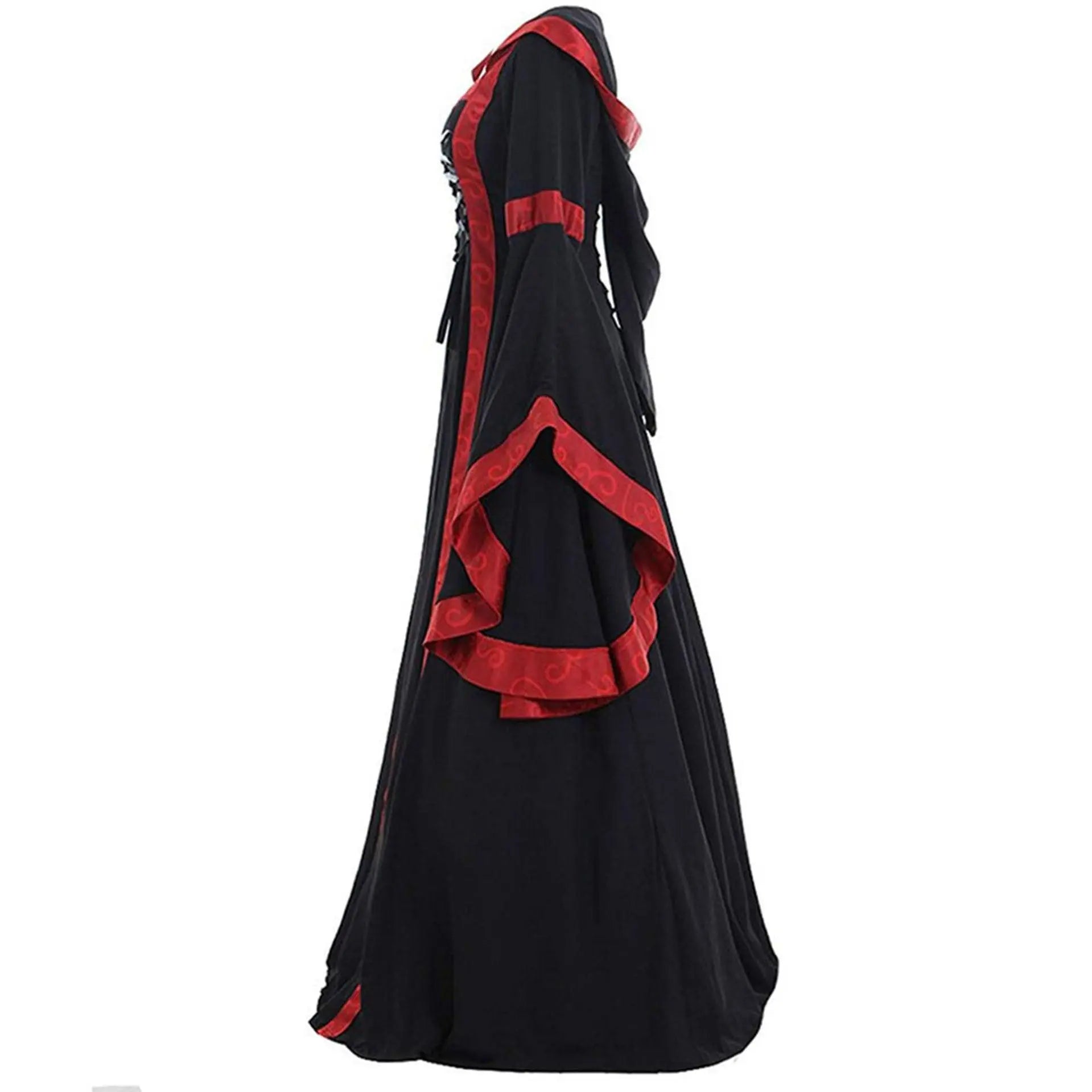 Medieval Retro Hooded Dress Costume Square Neck Tie Trumpet Sleeves Big Swing Skirt - Pajamasbuy