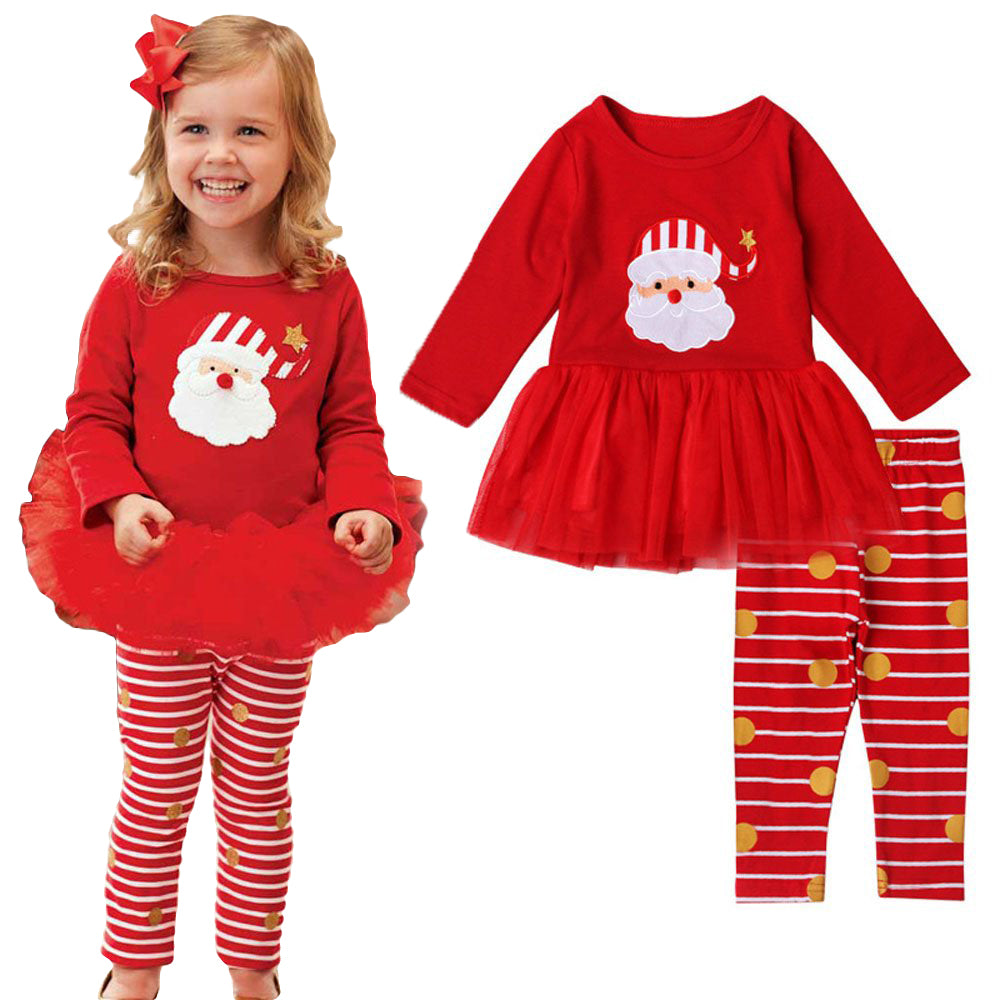 Christmas Santa Claus Long-sleeved Striped Trousers Two Piece Suit for Girls