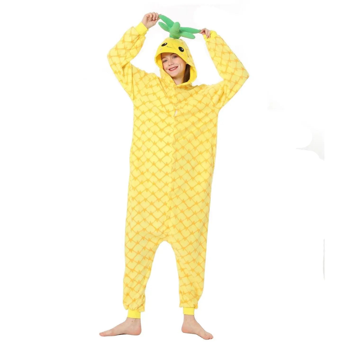 Pineapple Fruit Cartoon Kigurumi Onesies Cozy Fleece Pajamas Costume for Adults - Pajamasbuy