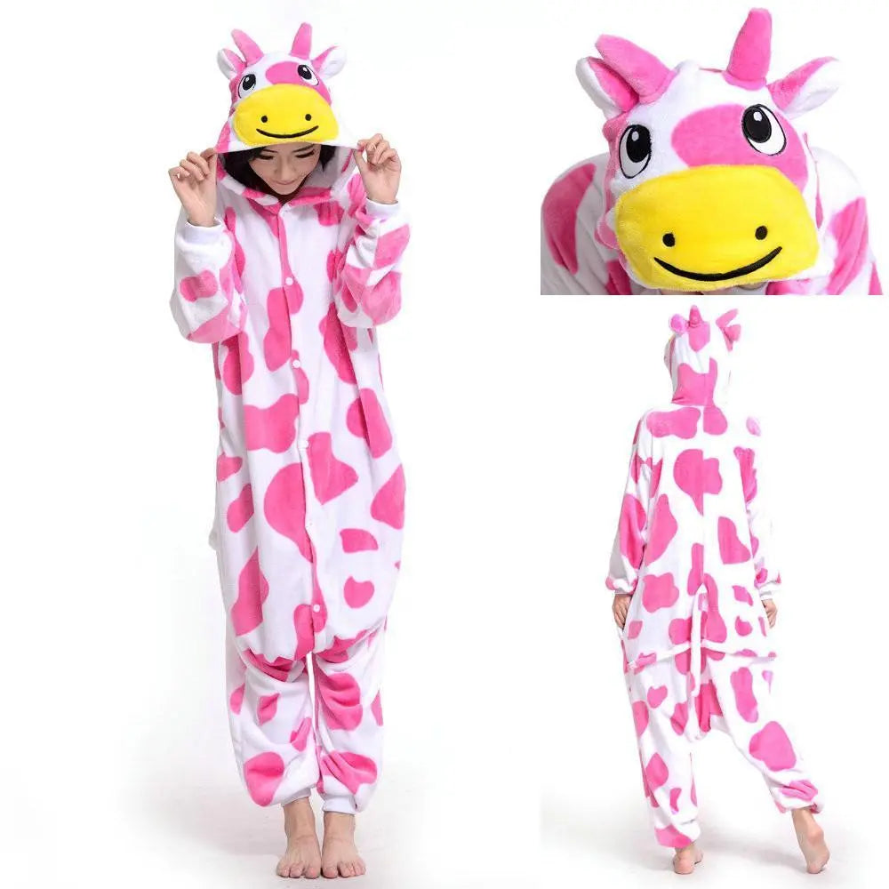 Pink Milk Cow Kigurumi Pajamas Hoodie Animal Costume Onesies - Pajamasbuy