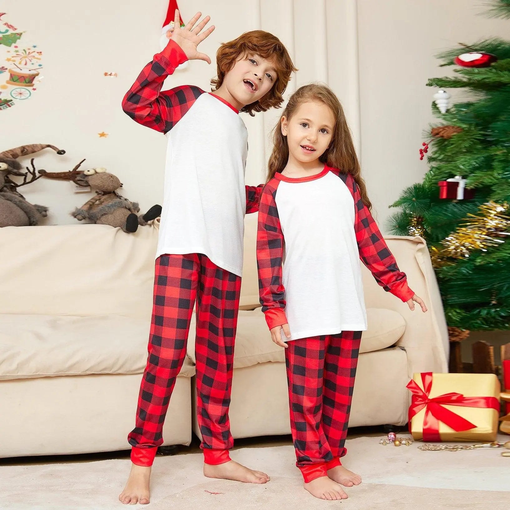 Solid Color Plaid Print Christmas Family Couples Matching Pajamas Party Sets - Pajamasbuy