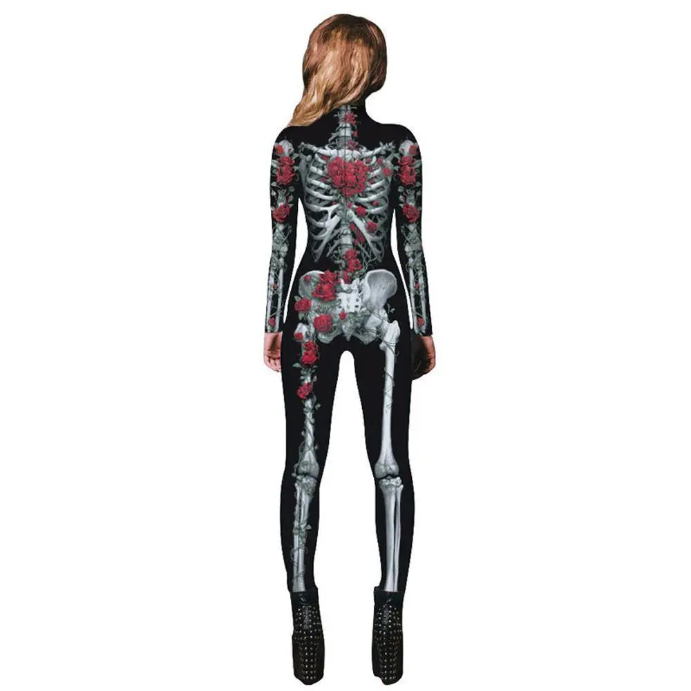 Women Printed Rose Skull Skeleton Catsuit Halloween Costume - Pajamasbuy