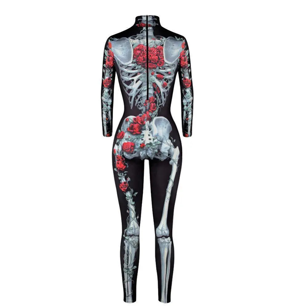 Women Printed Rose Skull Skeleton Catsuit Halloween Costume - Pajamasbuy