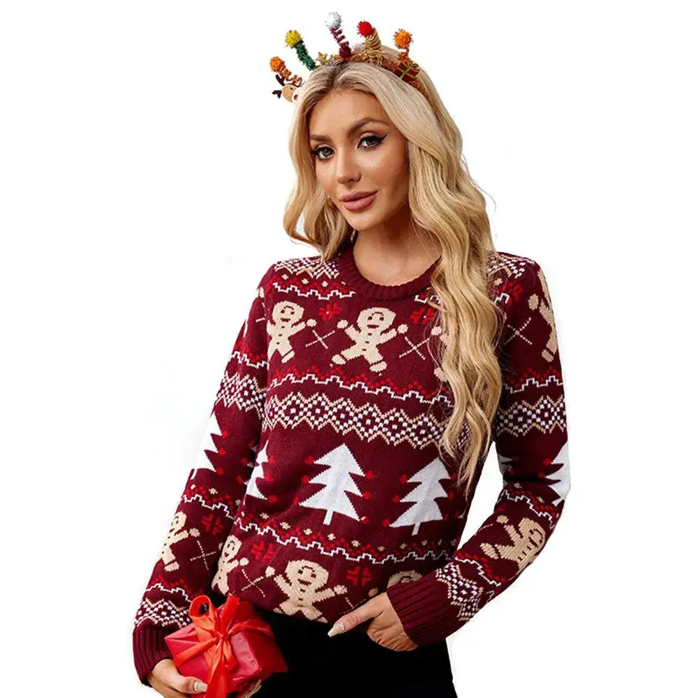 Women's Burgundy Christmas Ugly Sweater with Gingerbread Man Prints and LED Lights|?PajmasBuy