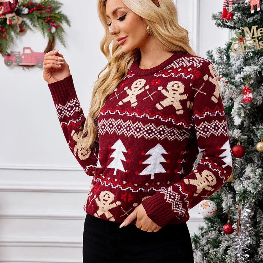 Women's Burgundy Christmas Ugly Sweater with Gingerbread Man Prints and LED Lights|?PajmasBuy