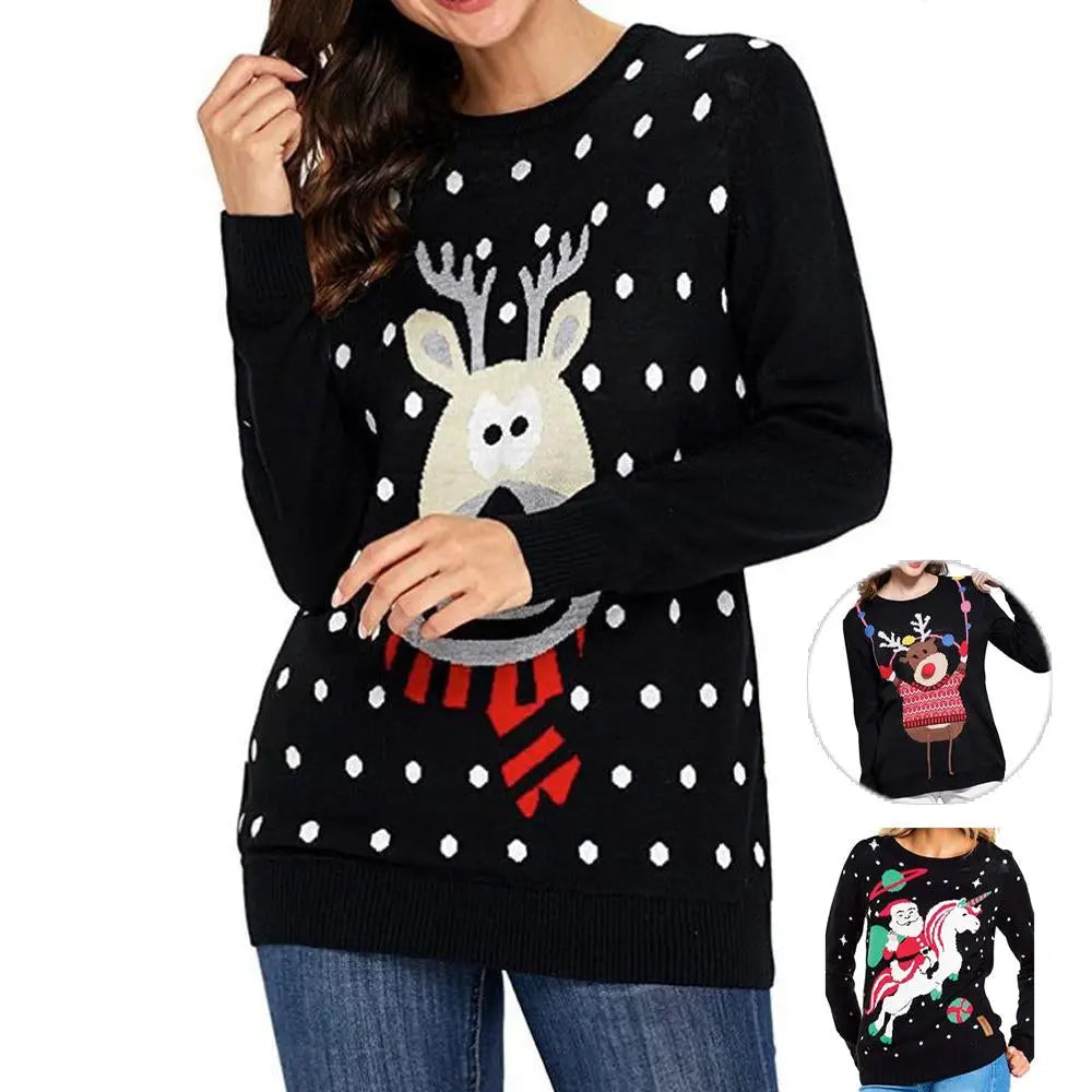 Women's Christmas Ugly Sweater Round Neck Black Sweater with Santa Reindeer Cartoon Knit|?PajmasBuy