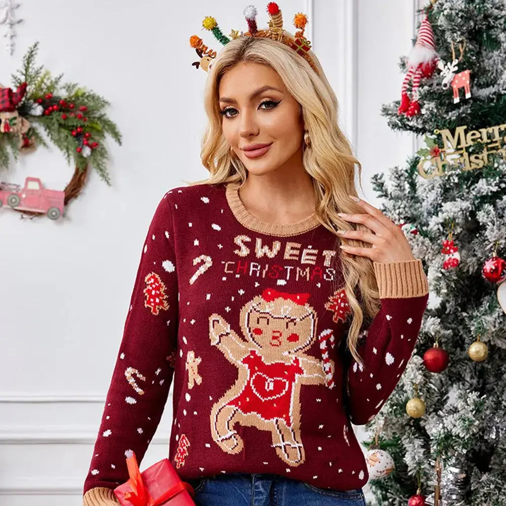 Women's Christmas Ugly Sweater with Gingerbread Man Pattern in Burgundy Red with LED Lights|?PajmasBuy