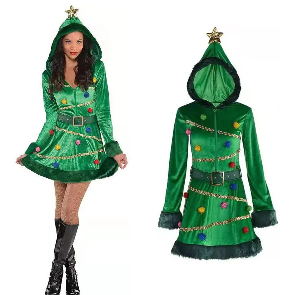 Women's Green Christmas Tree Shape Costume Dress with Belt for A Stand-Out Holiday Look| PajmasBuy