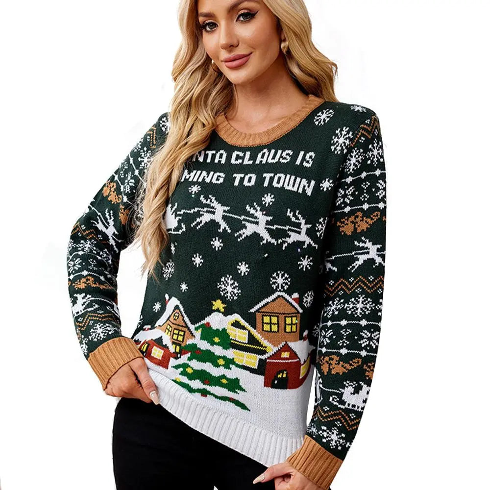 Women's Green Christmas Ugly Sweater Round Neck Sweater with LED Lights for Christmas|?PajmasBuy