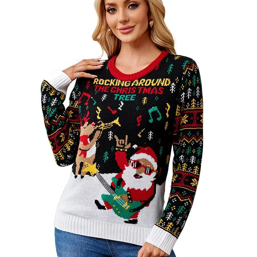 Women's LED Light Up Christmas Ugly Sweater with Santa Reindeer Prints Long Sleeve Knitwear|?PajmasBuy