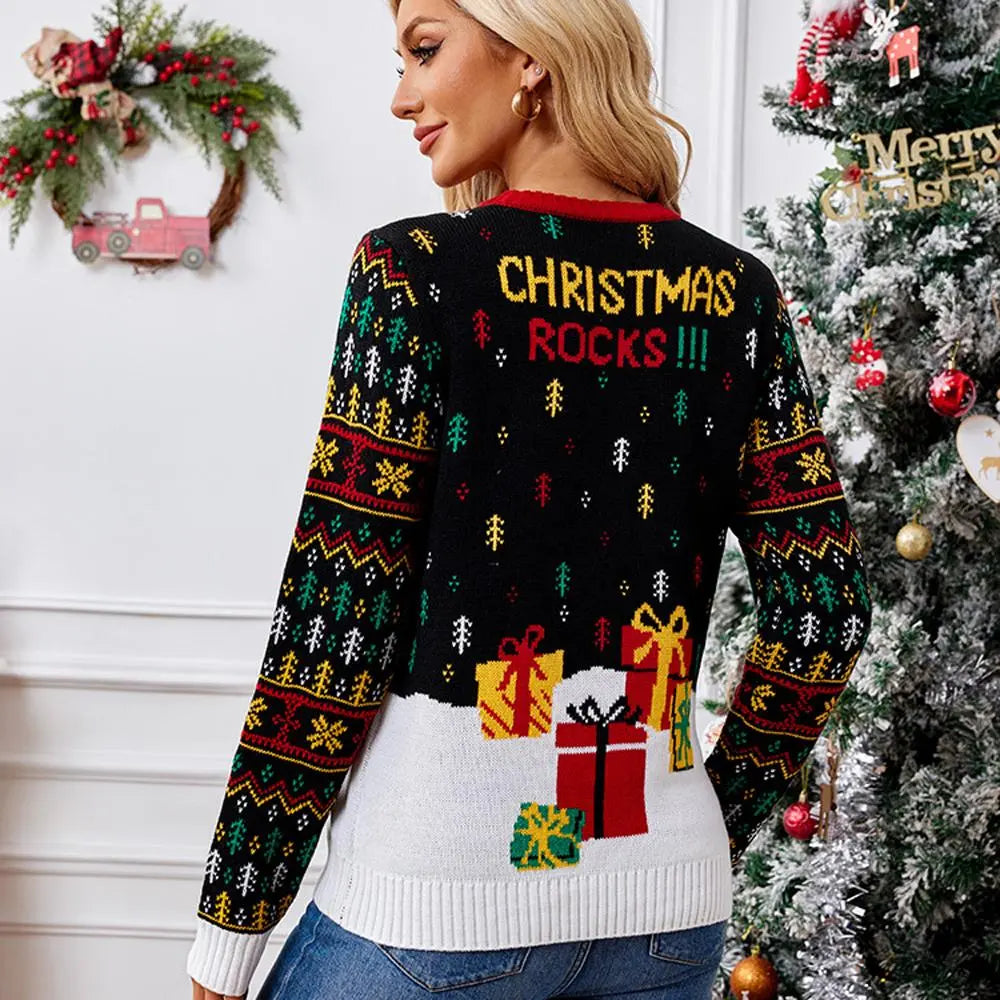 Women's LED Light Up Christmas Ugly Sweater with Santa Reindeer Prints Long Sleeve Knitwear|?PajmasBuy