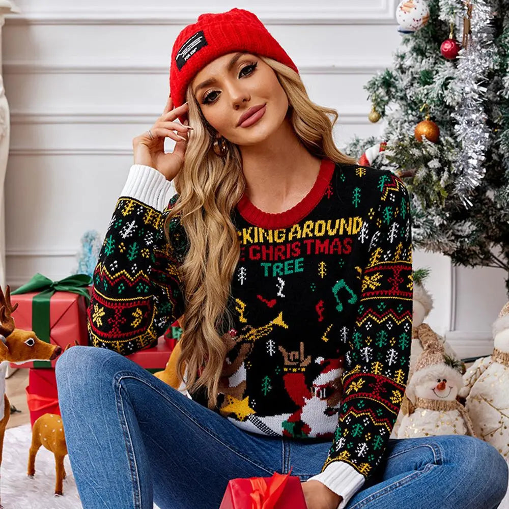 Women's LED Light Up Christmas Ugly Sweater with Santa Reindeer Prints Long Sleeve Knitwear|?PajmasBuy