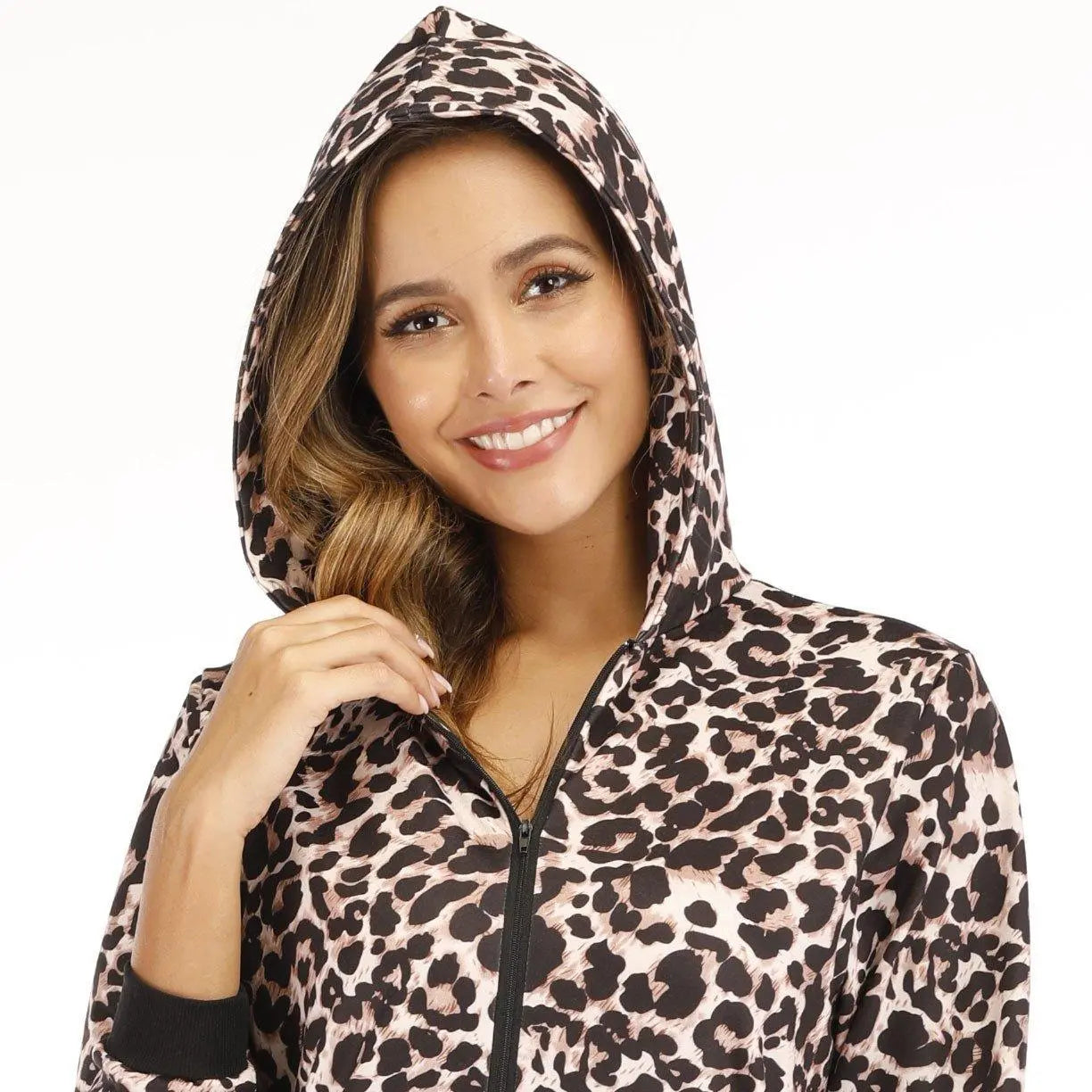 Women's Pajamas Coral Fleece Christmas leopard Onesie Hooded Jumpsuit Pajamas for Adult - Pajamasbuy