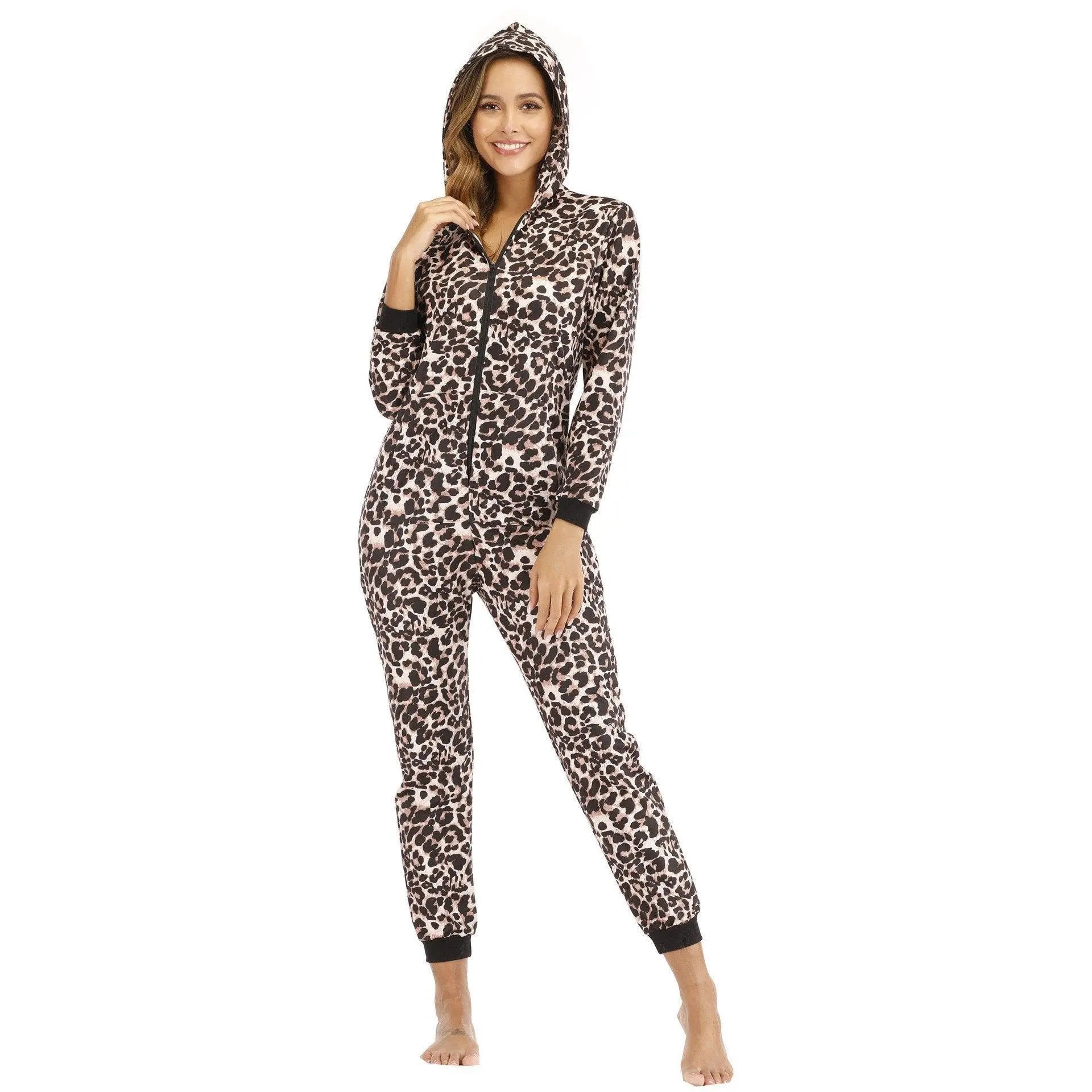 Women's Pajamas Coral Fleece Christmas leopard Onesie Hooded Jumpsuit Pajamas for Adult - Pajamasbuy