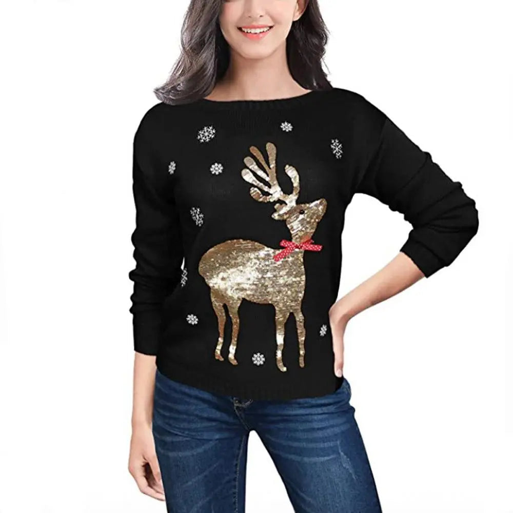 Women's Ugly Christmas Red Black Sweater with Reindeer Sequin and Christmas Tree Knit Prints|?PajmasBuy