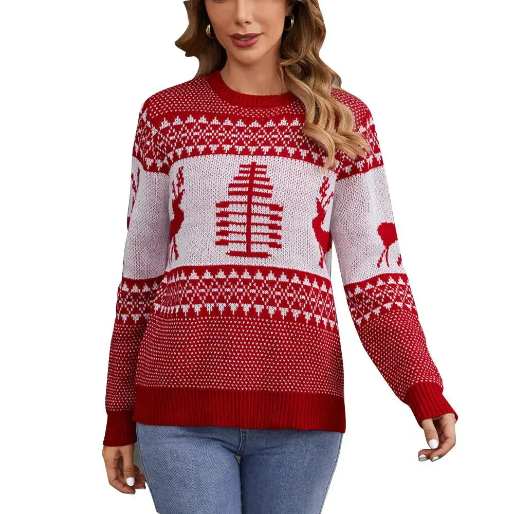 Women's Ugly Christmas Sweater Long Sleeves with Reindeer and Christmas Tree Knit Prints|?PajmasBuy