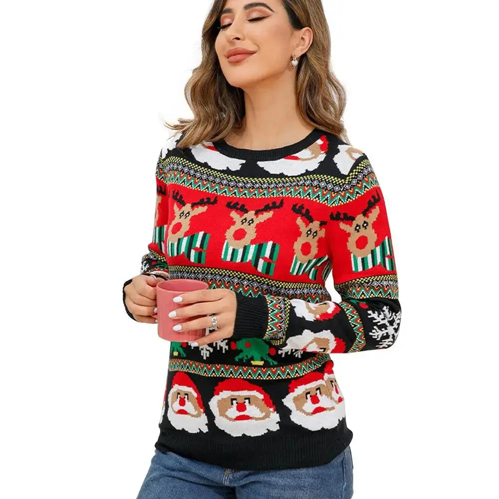 Women's Ugly Christmas Sweater Round Neck In Black Red and White Festive Patterns|?PajmasBuy